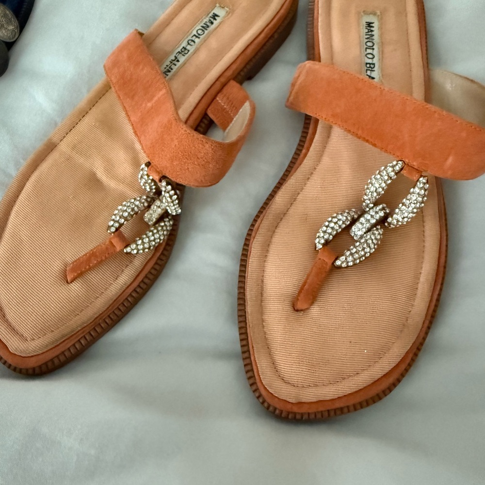 Manolo Blahnik Suede Crystal Chain Thong Sandals